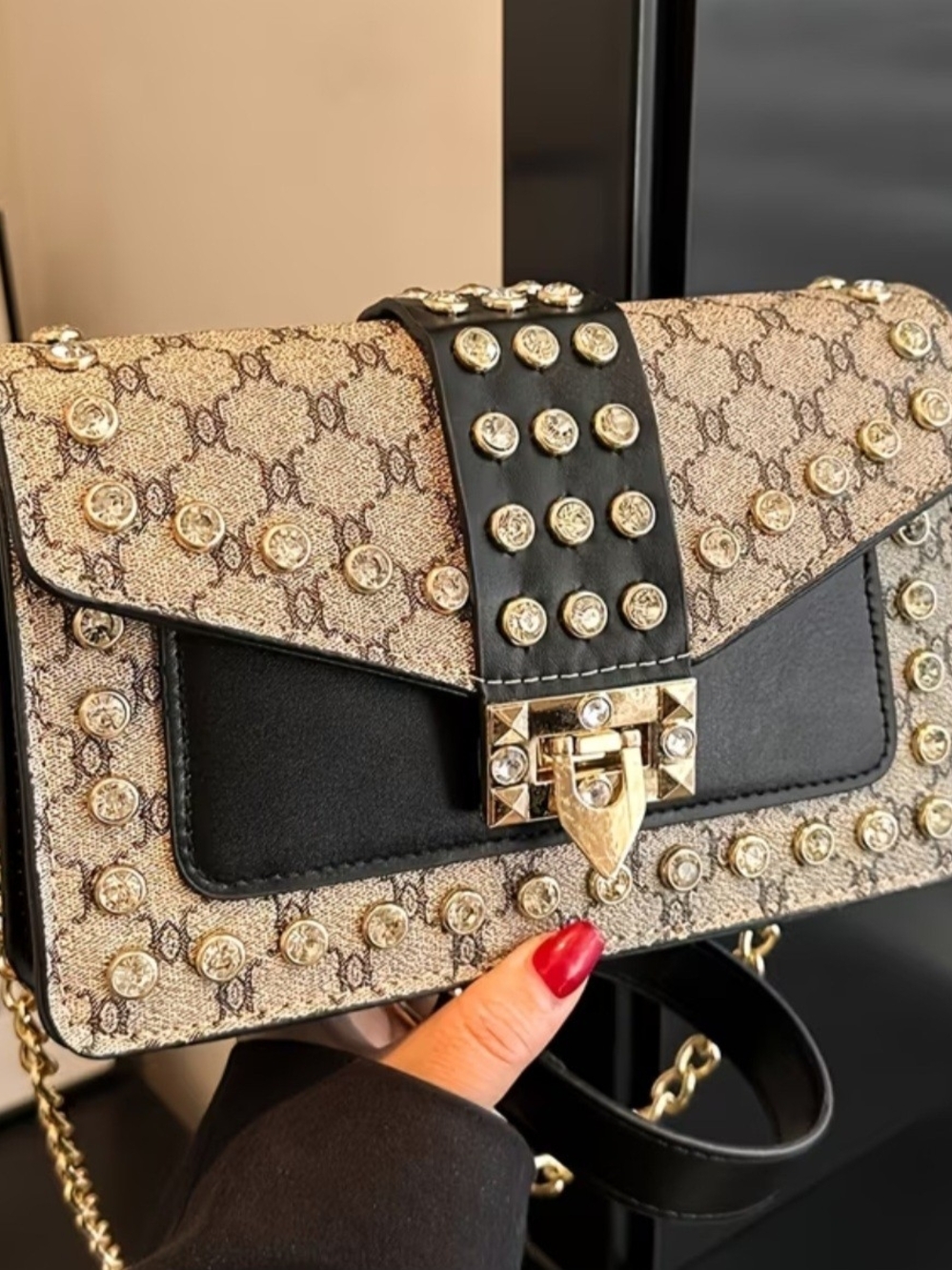 Designer-Inspired Black and Beige Studded Shoulder Bag